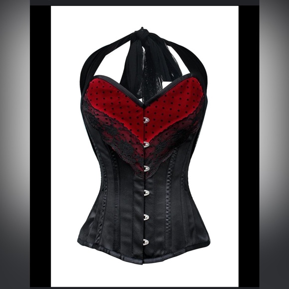 Size 38 Corset story red and black burlesque steel corset with halter top - Picture 2 of 15